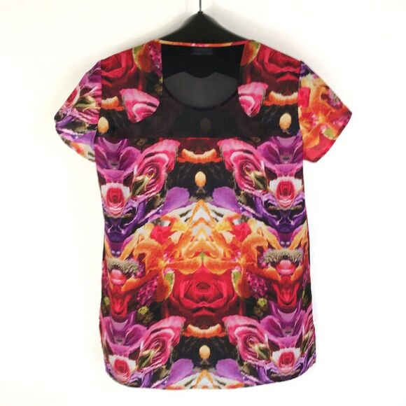 Trouve Mirrored Floral Print Hi-Lo Top Women's Medium Mesh Casual Summer Vibrant - Picture 6 of 12